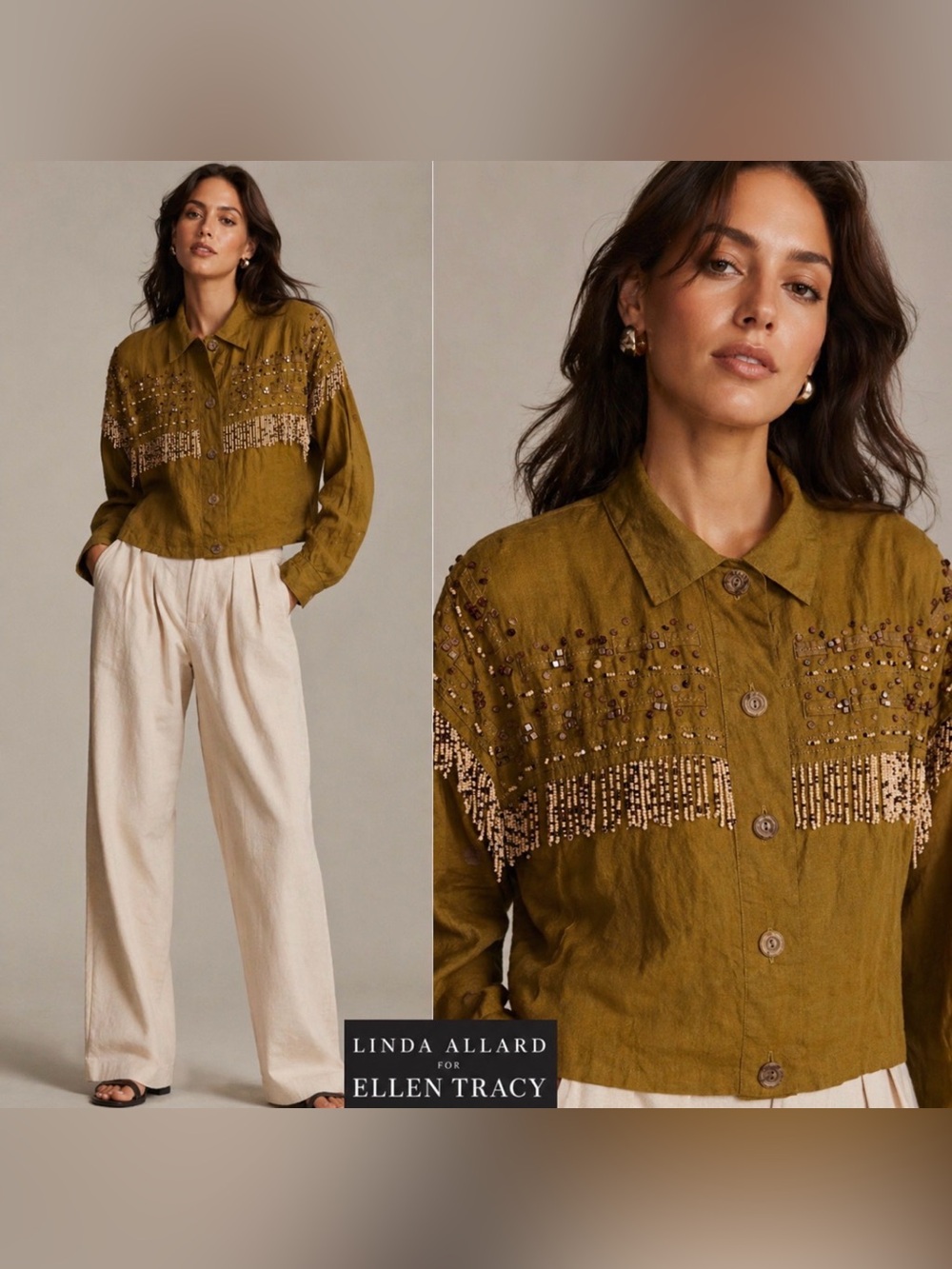 Vintage Linda Allard Ellen Tracy 100% Linen Beaded Fringe Western Crop Jacket P